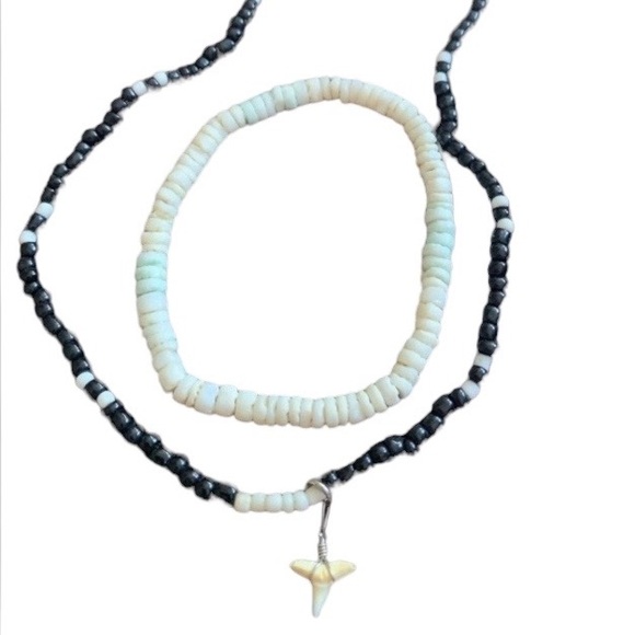 Shark Tooth Necklace & Shell Bracelet Set Beach Surfer Unisex Jewelry - Picture 2 of 8